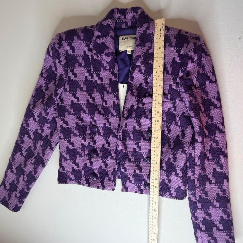 NWT L'AGENCE Inez Purple Houndstooth Cropped Double Breasted Blazer Sz 4 Jacket - Picture 11 of 12